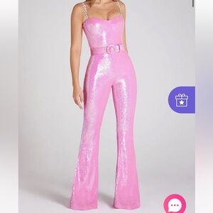 Barbie Pink Sequin Diamante Straps Jumpsuit - Size S